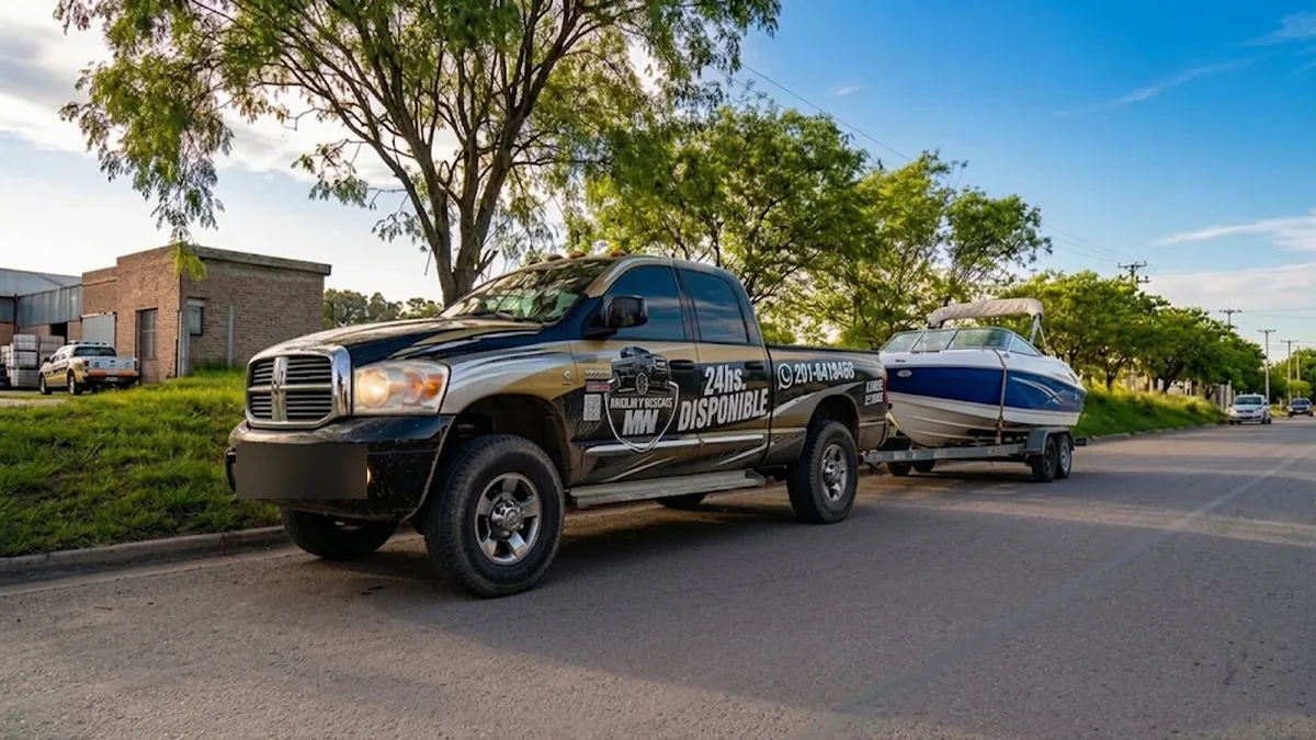 Camioneta de Auxilios y Rescates MyV remolcando una lancha en Bahía Blanca